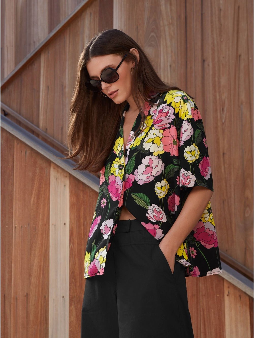 Johnny Was Black Floral Button-Up Blouse with Pink & Yellow Blooms